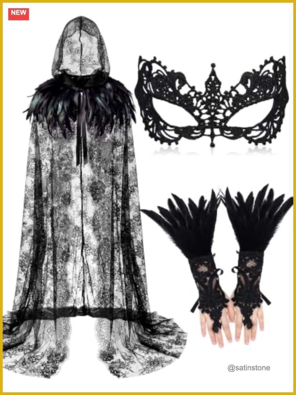 Women's 3-Piece Witch Costume Set Hooded Lace Cloak Mask Gloves Halloween